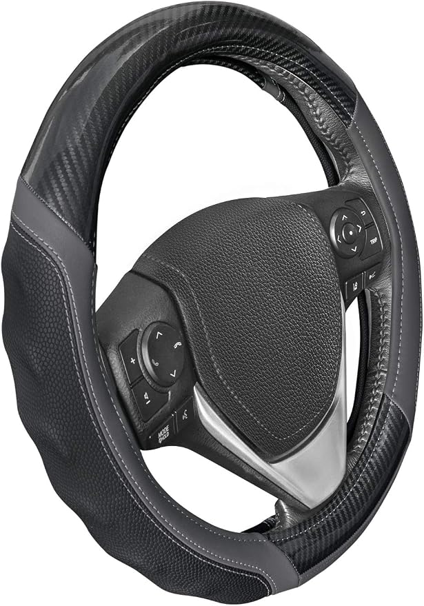 Motor Trend UltraSport Gray Carbon Fiber Steering Wheel Cover, Standard 15 inch Size, Black Faux Leather Comfort Grip, Car Steering Wheel Cover for Auto Truck Van SUV