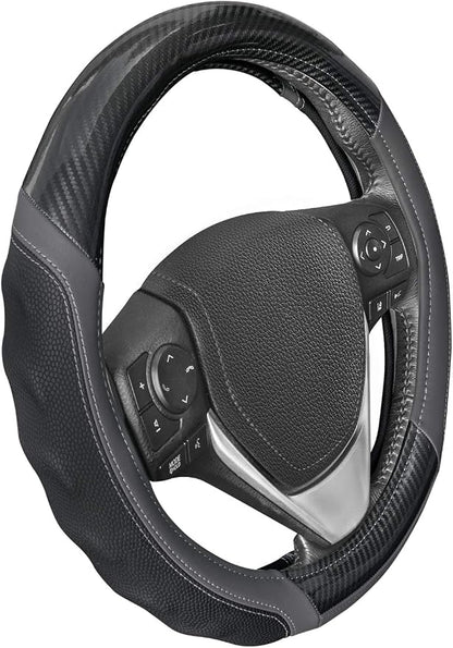 Motor Trend UltraSport Gray Carbon Fiber Steering Wheel Cover, Standard 15 inch Size, Black Faux Leather Comfort Grip, Car Steering Wheel Cover for Auto Truck Van SUV