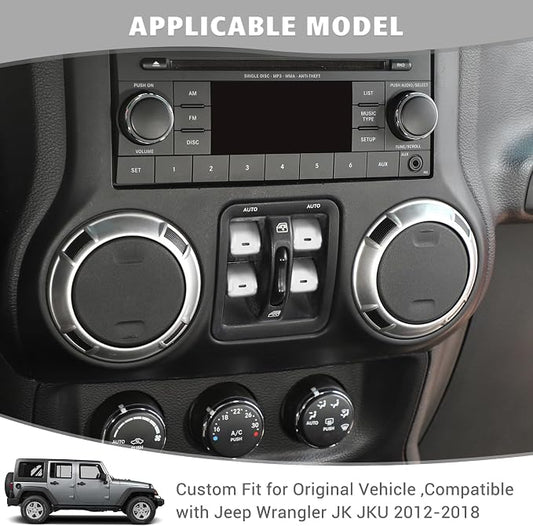 Jimen for JK Window Button Covers, 4PCS Center Console Window Switch Cover Interior Trim Kits Compatible with Jeep Wrangler JK & Unlimited 2012-2018, Aluminum Alloy (Silver)