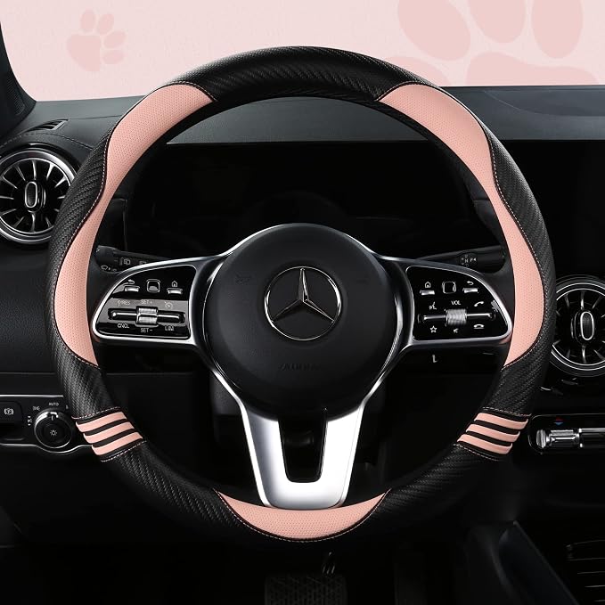 HighnessHwoo Car Steering Wheel Covers for Women Girl Padded Carbon Fiber PU Leather Cute Cartoon Auto Interior Accessories for Jeep, Truck, Universal, Anti Slip, Pink, Large Size, 15.2-16in
