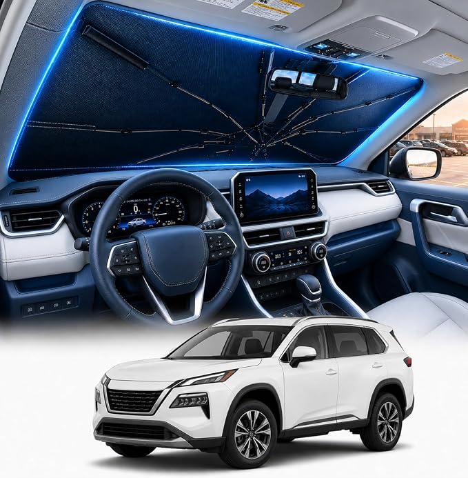 [2026 Upgraded] DooGooCoo Windshield Sun Shade Umbrella for Nissan Rogue 2021-2024 2025 [100% Sunlight Blocked, Cooling Ice Crystal] Sunshade for Car Windshield for Rogue Sun Shade, Custom Fit Rogue