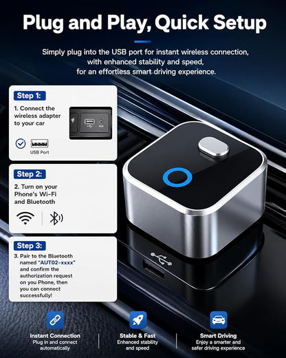 Wireless CarPlay Adapter for iPhone, 2-in-1 USB Carplay Wireless Adapter for CarPlay& Android Auto Wireless Adapter, One-Click Switch User, Supports Map,Music,Spotify,etc Functional(Silver)