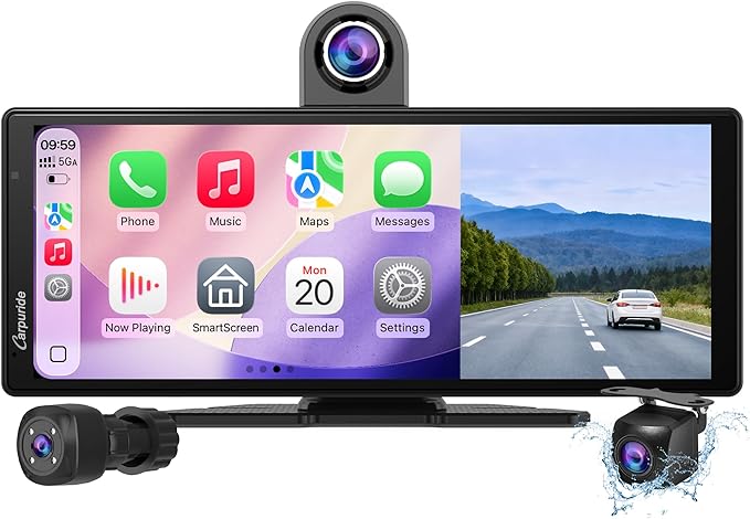 CarpurideW903S3 9.33 Inch HD Wireless Carplay & Android Auto Screen, 4K Front + Wired 1080P Rear + Infrared Camera, with Loop Recording, Bluetooth, GPS, FM, Super Link, 64GB TF
