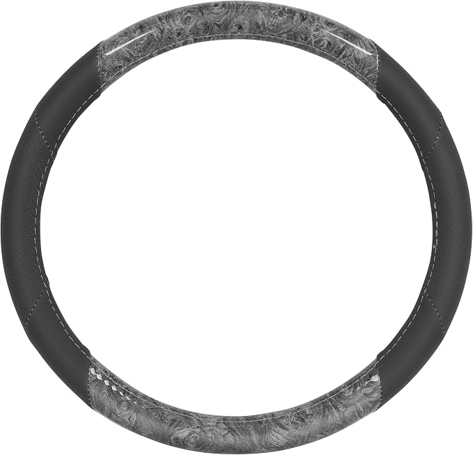 BDK BurlwoodLux Wood Grain and PU Leather Gray Steering Wheel Cover - Sport Grip for Car Auto SUV Trucks