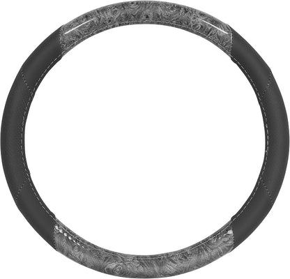BDK BurlwoodLux Wood Grain and PU Leather Gray Steering Wheel Cover - Sport Grip for Car Auto SUV Trucks