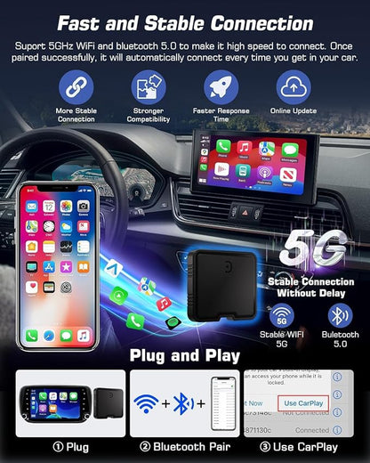 Wireless CarPlay Adapter AI Box for iPhone & Android Auto – YouTube & Netflix Support, TF Card Offline Playback, Plug and Play, Wired to Wireless Conversion, Stable 5.8GHz WiFi & Bluetooth 5.3
