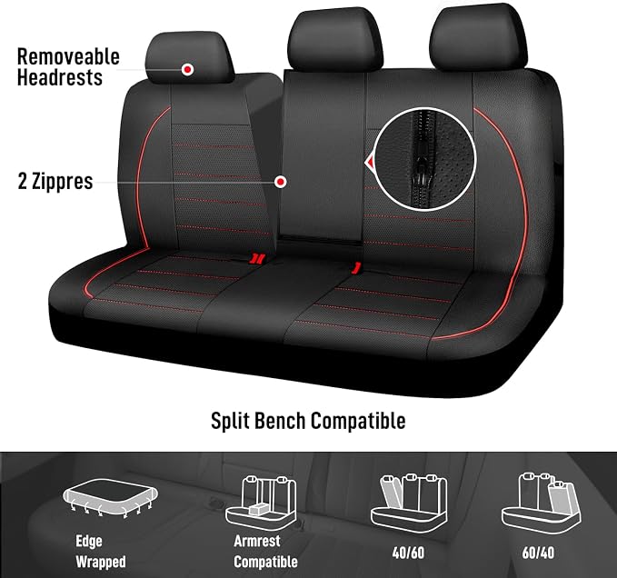 CAR PASS Leather Back Seat Cover,Piping Waterproof Bench Seat Cover, Rear Seat Cover Universal Fit for Cars Sedans SUVs Truck 95% Automotive Interior Backseat Car Covers (Rear,Black and Red)