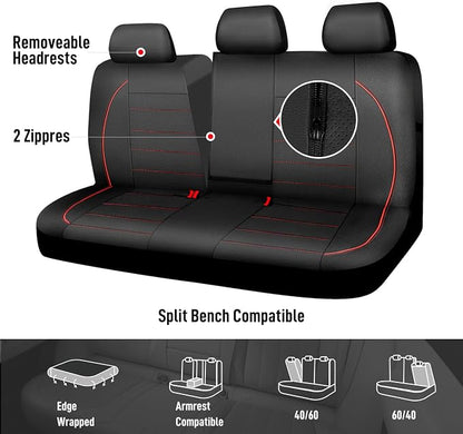 CAR PASS Leather Back Seat Cover,Piping Waterproof Bench Seat Cover, Rear Seat Cover Universal Fit for Cars Sedans SUVs Truck 95% Automotive Interior Backseat Car Covers (Rear,Black and Red)