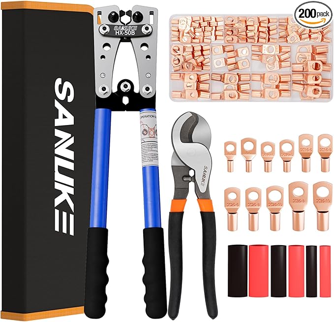 Sanuke Battery Cable Lug Crimping Tool Kit for AWG 10, 8, 6, 4, 2, 1/0 Electrical Ring Terminals, Battery Cable Crimper with 100pcs Copper Wire Lugs & Heat Shrink Tubing and Bag