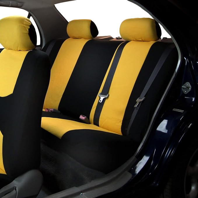 FH Group Bright Flat Cloth Full Set Automotive Seat Covers Front Set and Rear Solid Bench Yellow Black Seat Covers w. Gift Universal Fit Interior Accessories for Cars Trucks and SUVs