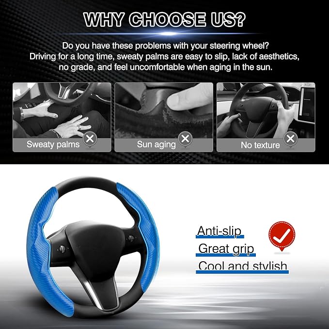 Canvcle Steering Wheel Cover for Tesla Model 3/Model Y Accessories Carbon Fiber Steering Wheel Cover Protector Anti-Slip, Comfortable Grip, Breathable, Model 3/Y Accessories, Blue
