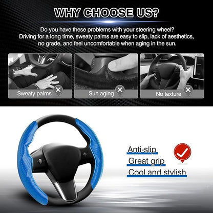 Canvcle Steering Wheel Cover for Tesla Model 3/Model Y Accessories Carbon Fiber Steering Wheel Cover Protector Anti-Slip, Comfortable Grip, Breathable, Model 3/Y Accessories, Blue
