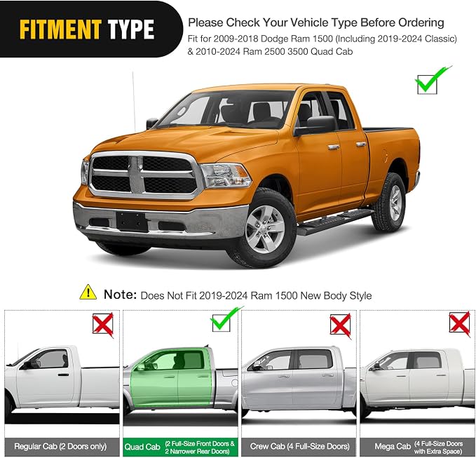 Nilight Running Boards for Dodge Ram 2009-2018 1500 Quad Cab 2019-2024 1500 Classic 2010-2024 2500 3500 6 Inch Slip-Proof Aluminum Bolt-on Side Step Nerf Bars