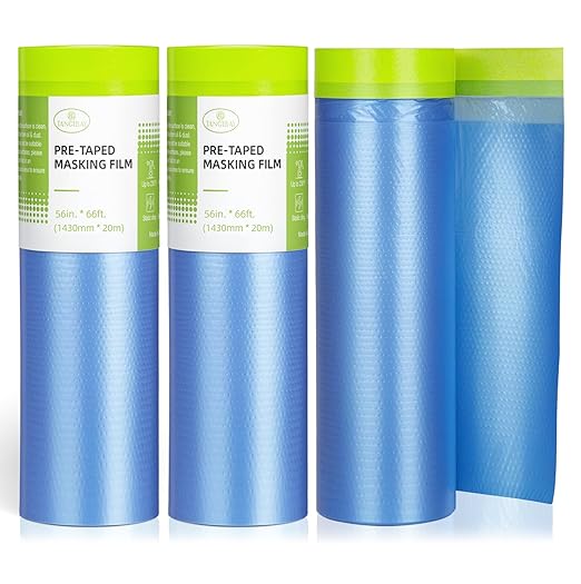 Tangibay Pre-Taped Masking Film for Painting - 56" x 66' Painters Plastic Sheeting for House & Automotive Paint, Tape and Drape for Covering Cars, Walls, Windows and Furniture Protection (3 Rolls)