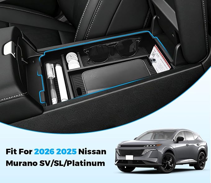Center Console Organizer for 2025 2026 Nissan Murano SV/SL/Platinum Armrest Secondary Storage Box with Charging Port and Sunglasses Holder 2025 2026 Murano Accessories ABS Center Console Tray