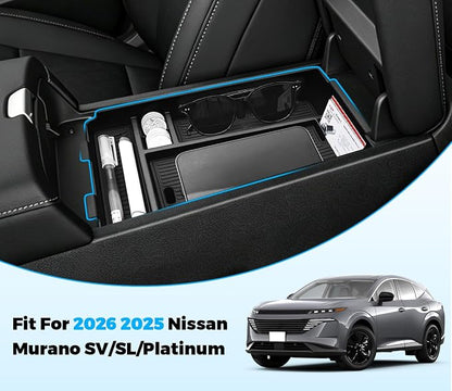 Center Console Organizer for 2025 2026 Nissan Murano SV/SL/Platinum Armrest Secondary Storage Box with Charging Port and Sunglasses Holder 2025 2026 Murano Accessories ABS Center Console Tray