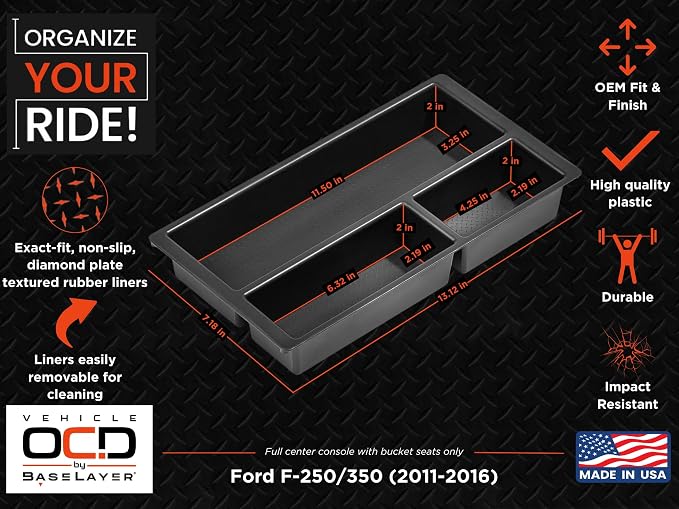 Vehicle OCD - Center Console Organizer Tray for Ford F250 / F350 SuperDuty (2011-2016) - Made in USA - SLX142