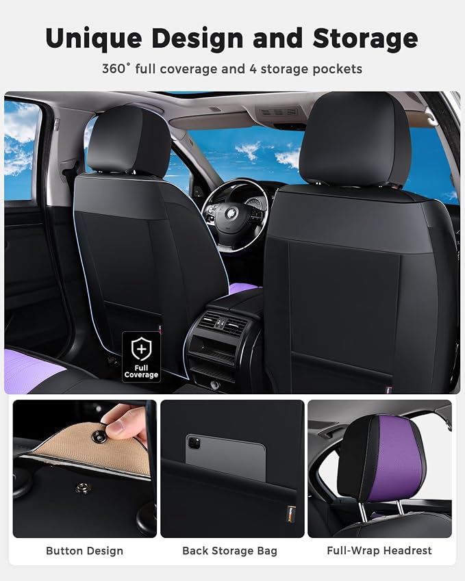 Huidasource Universal Car Seat Cover, Luxury Faux Leather Car Seat Cover Set Velcro Adjustable with Airbags, Thinning Design Perforation Cooling＆Heating Fit for Most Cars Vans Trucks SUVs Black&Purple