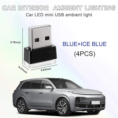 4 PCS USB LED Car Interior Atmosphere Lamp, Portable Mini LED Night Light, Plug-in USB Interface Trunk Ambient Lighting Kit, Universal Interior Car Accessories (2 Blue+2 Ice Blue)