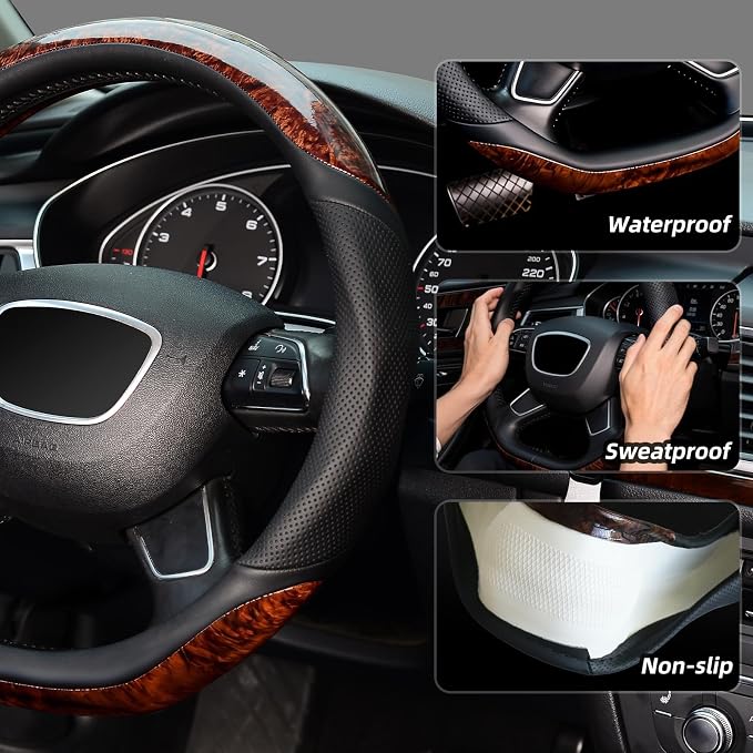 KAFEEK D Shaped Steering Wheel Cover, Luxury Wood Grain with Sporty Perforated Leather, Flat Bottom Steering Wheel Protector, Universal 14.5-15 Inch, Anti-Slip Comfort Grip, Black