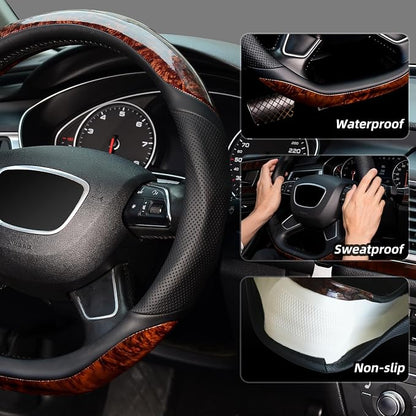 KAFEEK D Shaped Steering Wheel Cover, Luxury Wood Grain with Sporty Perforated Leather, Flat Bottom Steering Wheel Protector, Universal 14.5-15 Inch, Anti-Slip Comfort Grip, Black