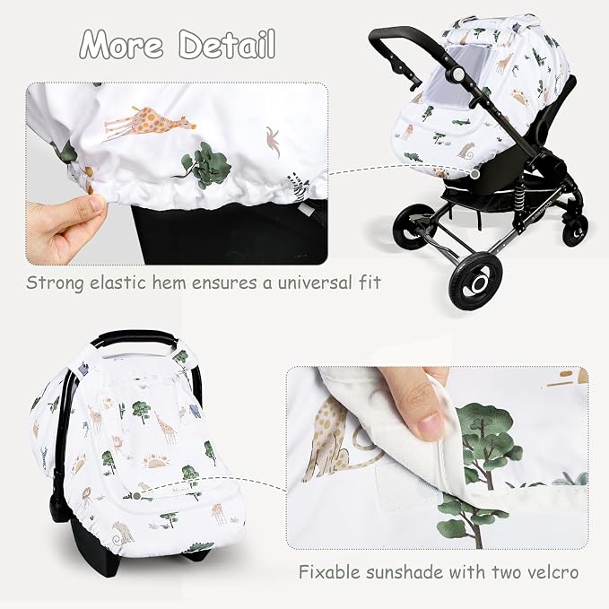Winter Car Seat Cover Baby with Sunshade & Dual Zipper Windows - Minky Bubble Lined Windproof Soft Shell, Warm Newborn Car Seat Canopy Covers, Elastic Bottom for Stroller & Infant Car Seat, Animal