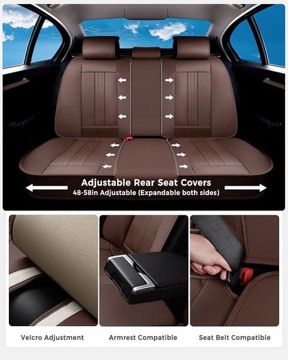 Huidasource Coffee Seat Covers, Luxury Faux Leather Car Seat Cover, Velcro Adjustable, with Airbags, Child Seat, Perforation Cooling＆Heating, Universal Fit for Most Cars, Vans, Trucks, SUVs, Coffee