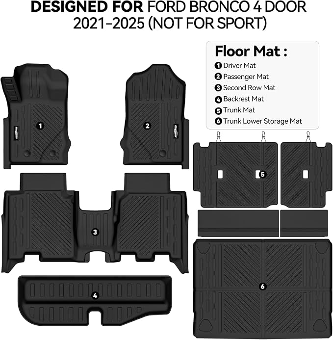 Floor Mats for Ford Bronco 4 Door 2021-2025, Trunk Mat with Trunk Lower Storage Mat and Backrest Mat All Weather TPE Protector for Ford Bronco 4 Door Accessories Floor Liner