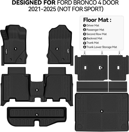 Floor Mats for Ford Bronco 4 Door 2021-2025, Trunk Mat with Trunk Lower Storage Mat and Backrest Mat All Weather TPE Protector for Ford Bronco 4 Door Accessories Floor Liner