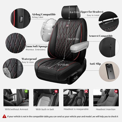 CAR PASS Luxury PU Leather Two Front Car Seat Covers, Waterproof Seat Covers Compatible with Front Seat Armrests, Airbag Compatible Anti- Slip Universal Fit for Cars Suvs Vans Trucks Black Red
