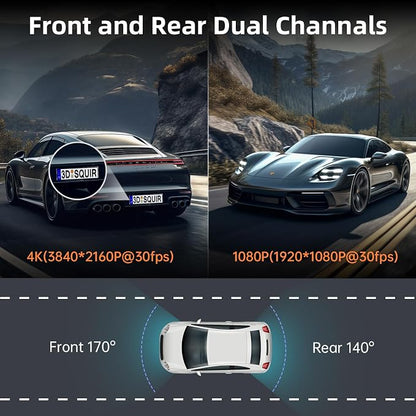 Dash Cam Front and Rear, Ecomoment 4K+1080P Dual Dash Camera for Cars, Built-in WiFi GPS Dashboard Camera, 2.4" IPS Screen Dashcam, 170° Wide, Night Vision, WDR, G-Sensor, 32GB SD Card Included