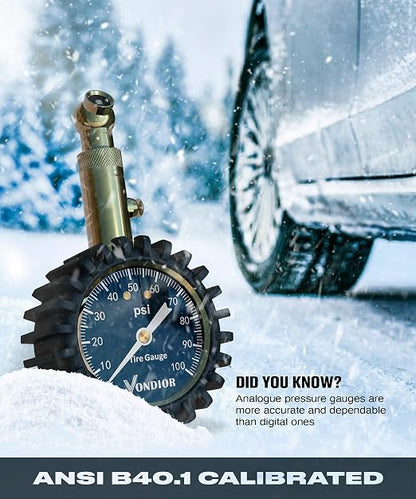 Vondior Tire Pressure Gauge (0-100 PSI) Certified ANSI Accurate with Large 2 Inch Easy to Read Glow Dial, Low - High Air Pressure Gauge. Tire Gauge for Car and Trucks Tires