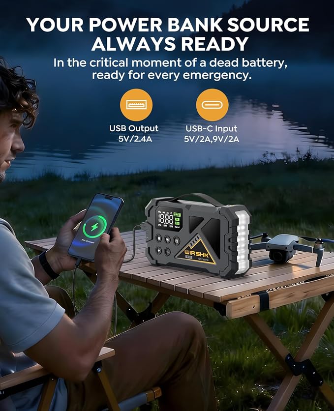 Jump Starter with Air Compressor, 8000A 160PSI Portable 12V Car Jump Starter for All Gas or 10.0L Diesel Engine, Battery Booster with LCD Display, LED Light & Jump Cables