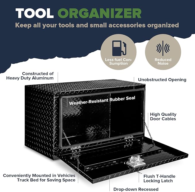 ARKSEN 30 x 17 x 18 Inch Underbody Tool Box, Heavy Duty Aluminum Diamond Plate Waterproof Square Storage Organizer Chest with T-Handle Lock & Keys for Pickup Truck, RV & Trailer – Black