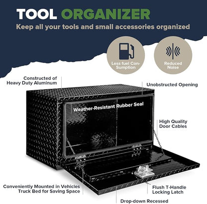 ARKSEN 30 x 17 x 18 Inch Underbody Tool Box, Heavy Duty Aluminum Diamond Plate Waterproof Square Storage Organizer Chest with T-Handle Lock & Keys for Pickup Truck, RV & Trailer – Black