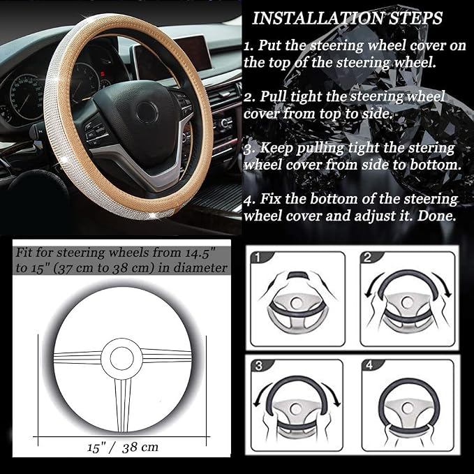 New Diamond Leather Steering Wheel Cover with Bling Bling Crystal Rhinestones, Universal Fit 15 Inch Car Wheel Protector for Women Girls,Gold
