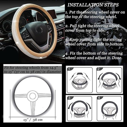 New Diamond Leather Steering Wheel Cover with Bling Bling Crystal Rhinestones, Universal Fit 15 Inch Car Wheel Protector for Women Girls,Gold