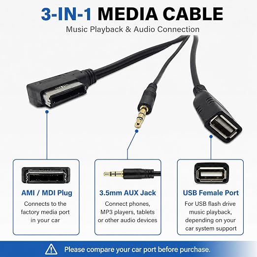 AMI MMI MDI to 3.5mm Jack Music Interface Aux Cable Compatible with A3 A4 A6 Q5 Q7 V.W