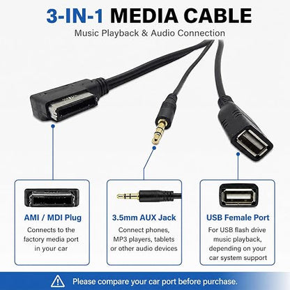 AMI MMI MDI to 3.5mm Jack Music Interface Aux Cable Compatible with A3 A4 A6 Q5 Q7 V.W