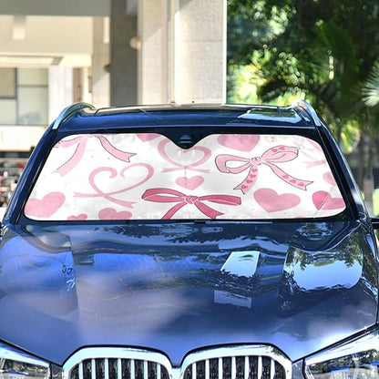 Cars Front Sun Shade Windshield,Foldable Reflective Sun Visor Pink Bows and Hearts White Windshield Sunshade Cover,Blocks UV Ray Sun Protect Interior Keep Cool,55" x 27.6"