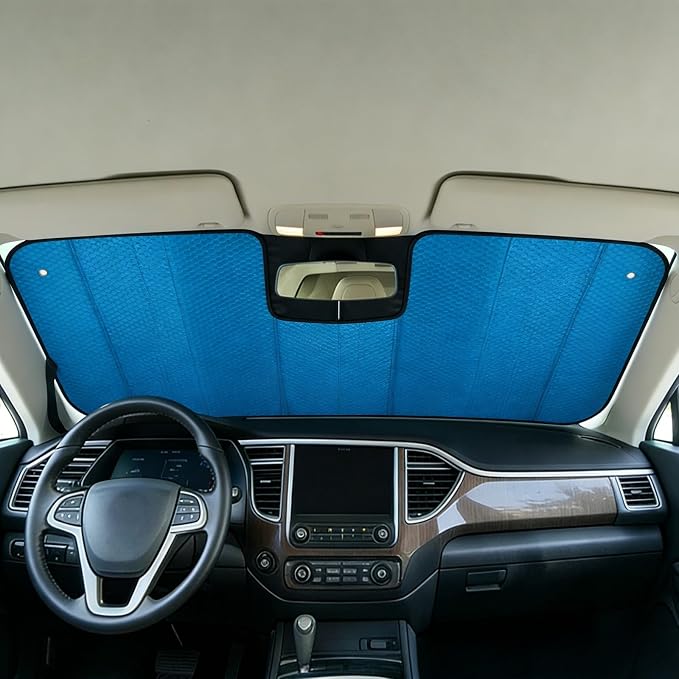 GWUSKDT Car Windshield Sunshade-Thicken 5-Layer Bubble Block Heat and Sun UV Rays,Front Windshield Sun Shade- Keeps Your Vehicle Cool - 58 x 27.5 Inch new Upgraded (New Lake Blue)