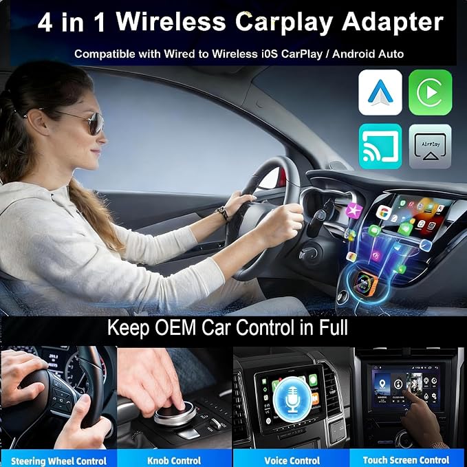 4in1 Wireless Carplay Adapter for Apple iPhone Android Auto,Airplay Screen Mirror Link Bluetooth Carplay Adapter for Video YouTube Tiktok,WiFi Dual Core,Mini Car Play USB Dongle,Fast,No Latency