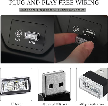 4 PCS USB LED Car Interior Atmosphere Lamp, Portable Mini Auto LED Decor Night Light, Plug-in USB Interface Ambient Lighting Kit, Universal Car Interior Accessories (Purple+Ice Blue)