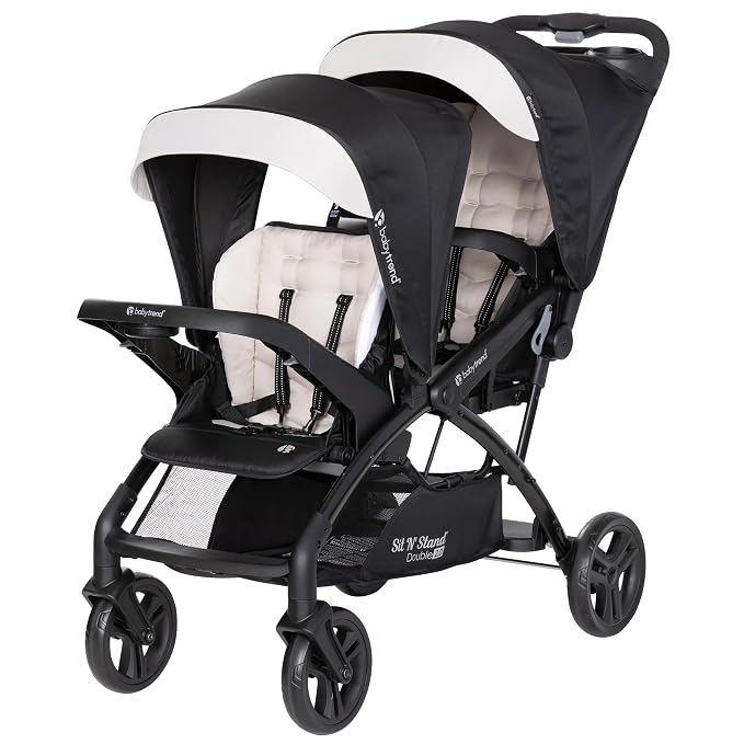 Baby Trend Sit N Stand Double Stroller & 2-Pack EZ Lift Plus Infant Car Seat, Modern Khaki - Convertible Tandem Travel System Combo for Newborn and Toddler, Foldable and Compact Design