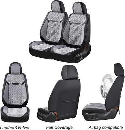 Coverado Full Set Car Seat Covers, Waterproof Leather Seat Covers for Cars with Velvet, Car Seat Protector Universal Fit for Most Vehicles（Black&Gray）