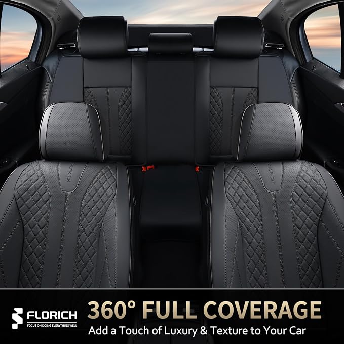 FLORICH Leather Seat Covers Full Set Automotive Seat Covers Black Car Seat Covers Waterproof Front and Back Seat Covers Car Seat Cushion Protector Universal Fit for Most Cars SUV Trucks, Black