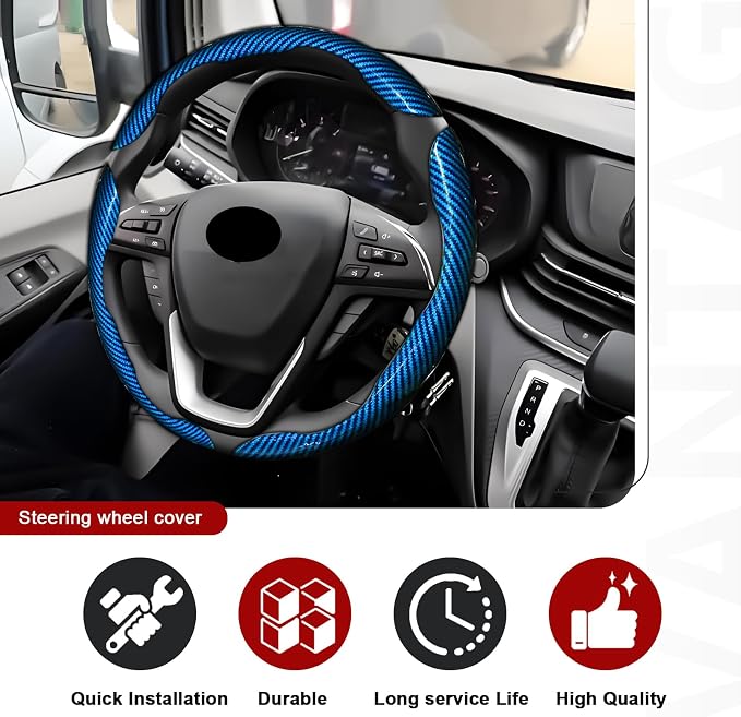 3pcs Universal Carbon Fiber Steering Wheel Cover - Anti-Slip & Segmented Design, Universal 99% Durable Steering Wheel Protector for Men and Women, Car Interior Accessory (Blue)