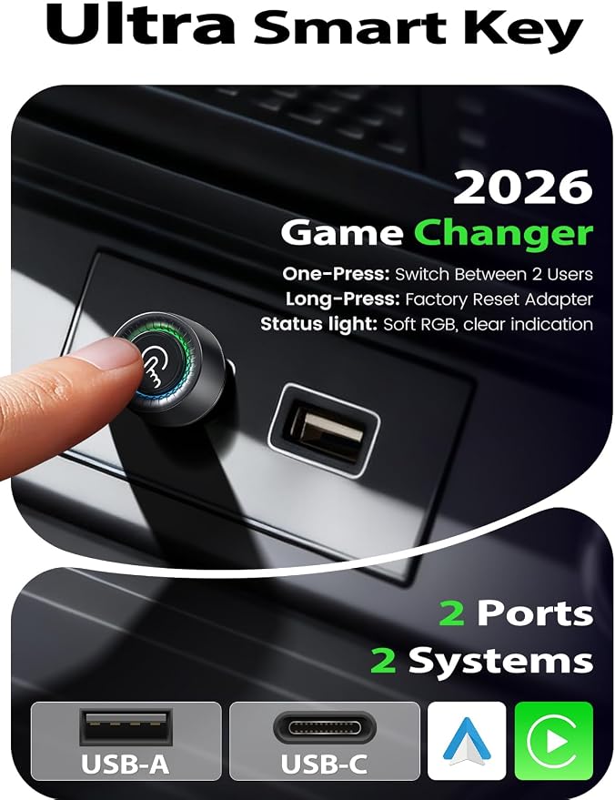Wireless CarPlay Adapter for Apple iPhone -1 Click Switch for 2 Phones, Plug & Play, Converts Wired to Wireless Car Play Dongle, No Lag, Fast Stable for Cars 2016+ with Apple CarPlay & Android Auto