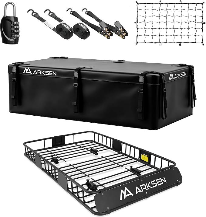 ARKSEN 64" x 39" x 6" Roof Rack Cargo Basket with Extension, Waterproof Bag, Net & Ratchet Straps, 150 lb Heavy-Duty Steel Rooftop Carrier, Fits Crossbars up to 1.38" Thick, for SUV & Pickup Truck