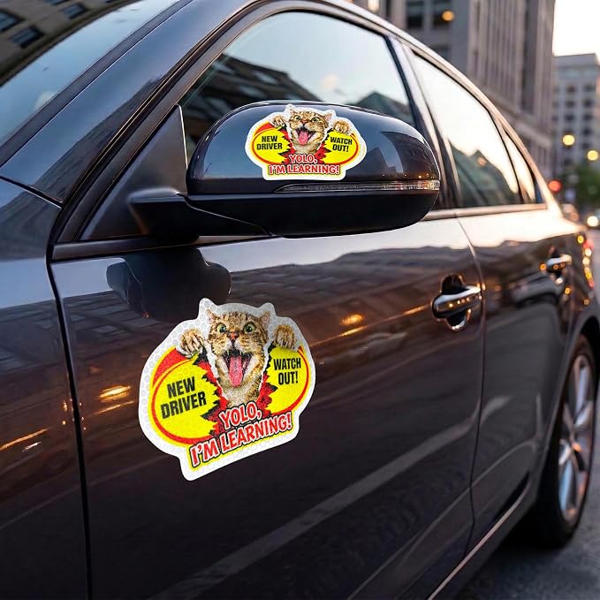 3 Pcs Reflective Student Driver Magnet and Stickers Set - Funny Animal New Driver Safety Signs for Car, Waterproof & Weatherproof High Visibility Vehicle Bumper Decals, Magnet + Stickers (Cat)
